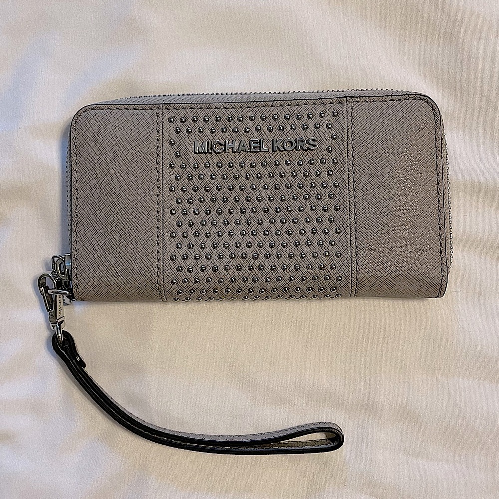 Michael Kors Grey Saffiano Leather Micro Stud Travel Zip Around Wallet
